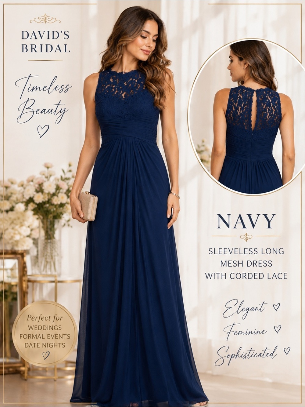 ✨ David's Bridal Sleeveless Corded Lace Illusion Long Mesh Gown Navy Blue SZ 14
